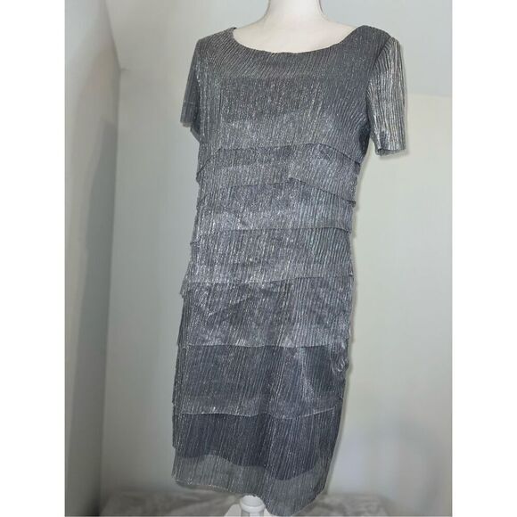 Women’s Metallic Tinsel Silver Shift Tiered Dress 10 - Picture 4 of 8